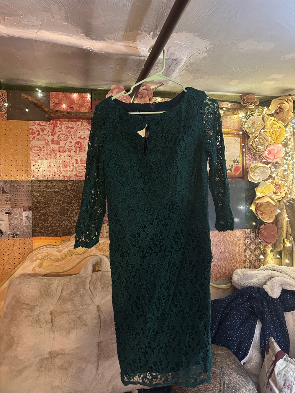 Talbots Forest Green Lace Midi Dress with Three-Quarter Sleeves